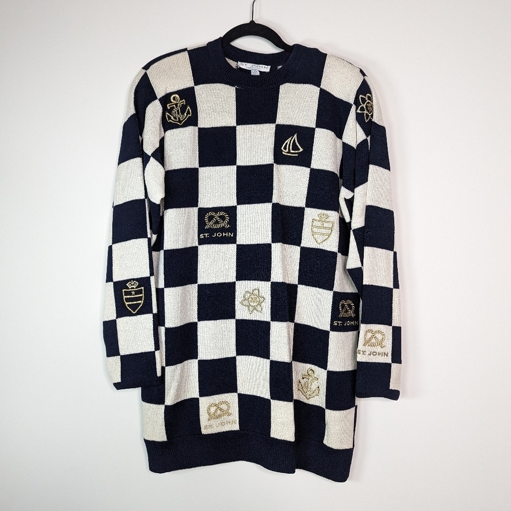 St. John Navy Check board Nautical Embeoidered Knit Sweater Dress Size Large